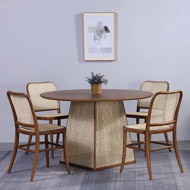 

Solid Wood Dining Chairs Nordic Kitchen Retro Designer Rattan European Leisure Back Dining Chair Hotel Comedor Home Furniture