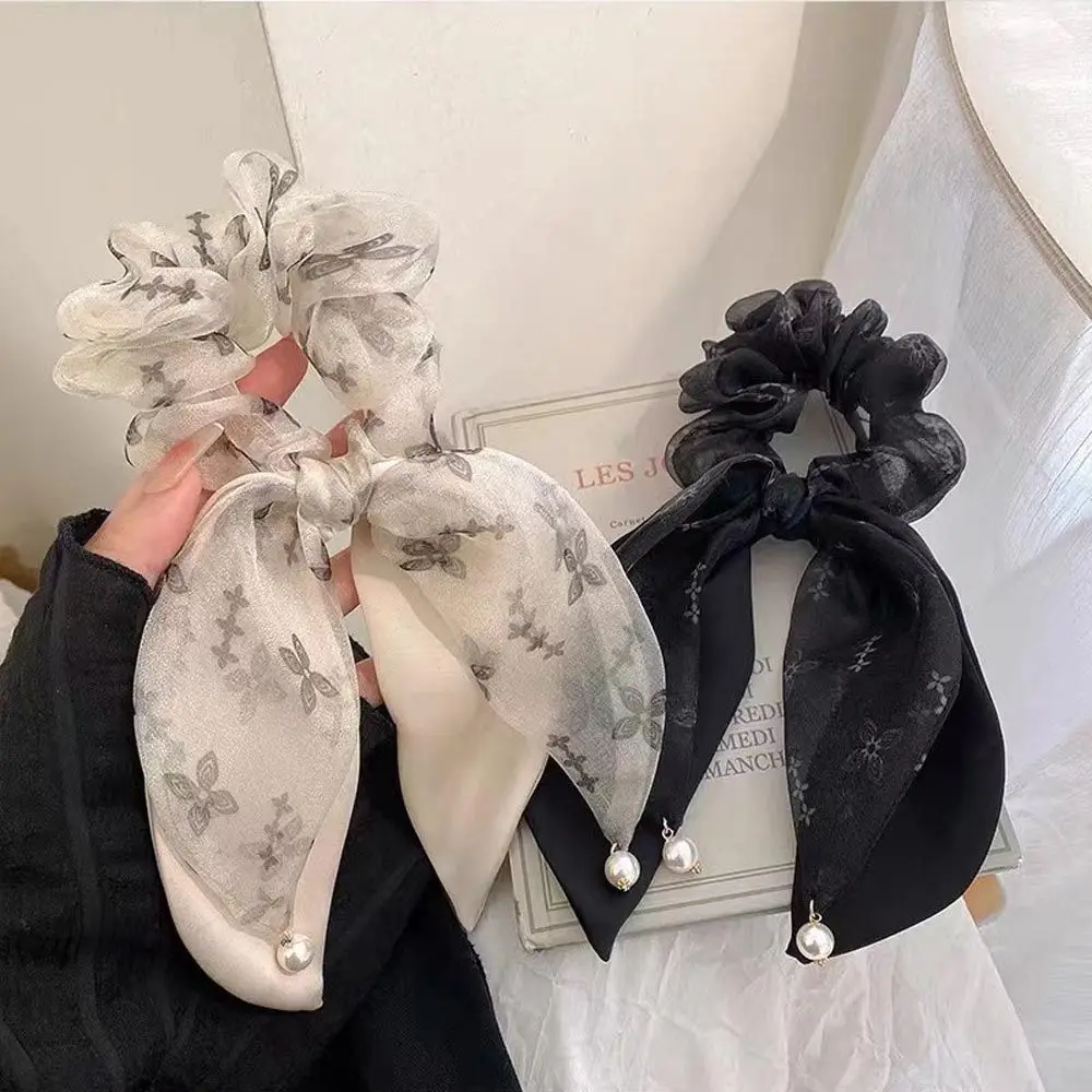

New Women Sweet Flower Mesh Hair Ties Elastic Bow Hair Bands Girl Ponytail Holder Elegant Pearl Scrunchies Hair Rope Hair Rings