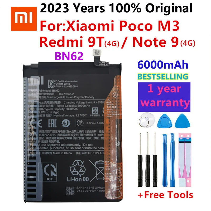 

2023 Xiao Mi оригинальный 6000 мАч BN62 аккумулятор для телефона Xiaomi Pocophone POCO M3 Redmi 9T Note9 4G высококачественные батареи + Инструменты