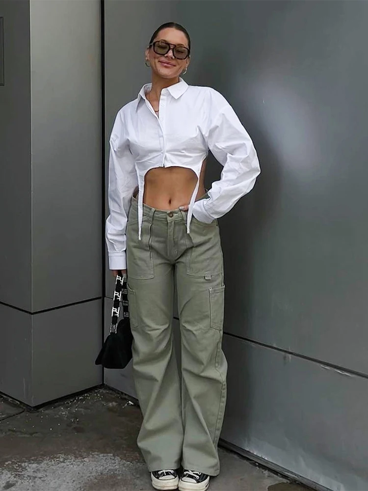 

KBAT 2022 Street Lady Cropped Tops With Long Sleeves Irregular Shirts Turn Down Collar Spring Casual Button Short Shirts