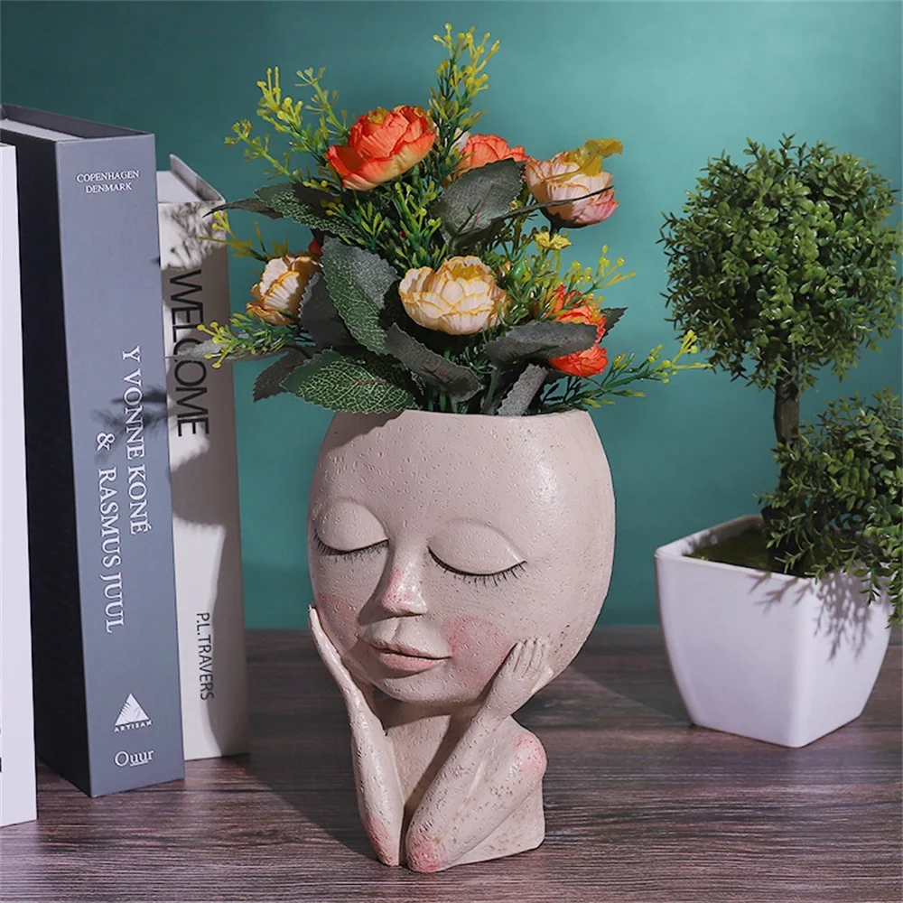 

Girls Face Head Flower Planter Succulent Plant Flower Container Pot Flowerpot with Drainage Hole Closed Eyes Tabletop Ornament