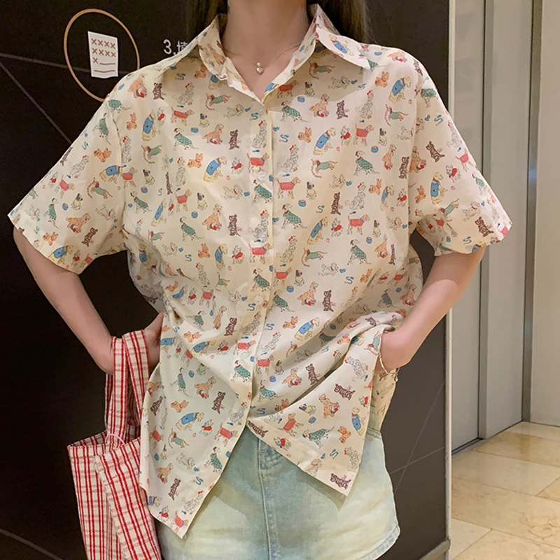 

New Summer Casual Women Shirts Harajuku Kawaii Loose Cartoon Dog Short Sleeve blusas female y2K Beige Puppy cotton Blouses Mujer