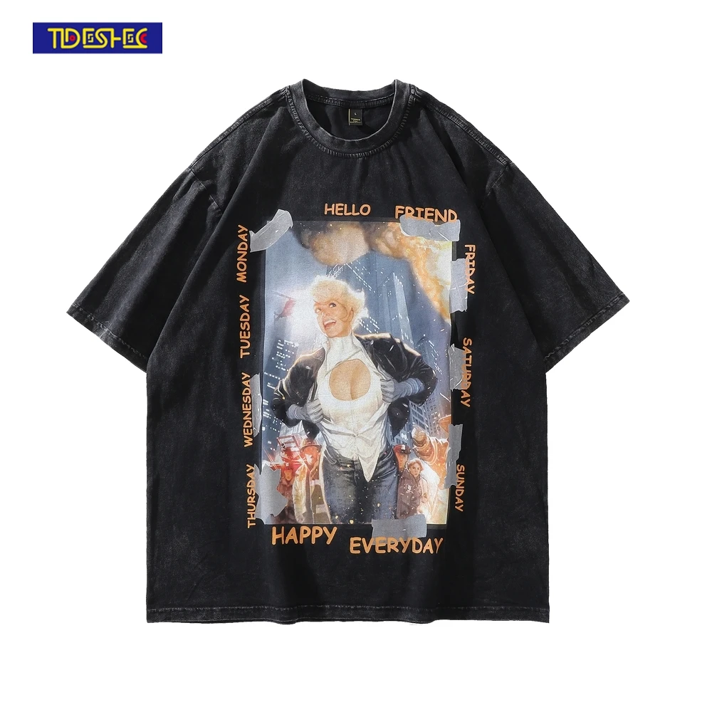 

Distressed Washed T Shirt Men Streetwear Hip Hop Funny Spoof Girl Graphics Print Tshirt 2022 Men Summer Short Sleeve T-Shirt