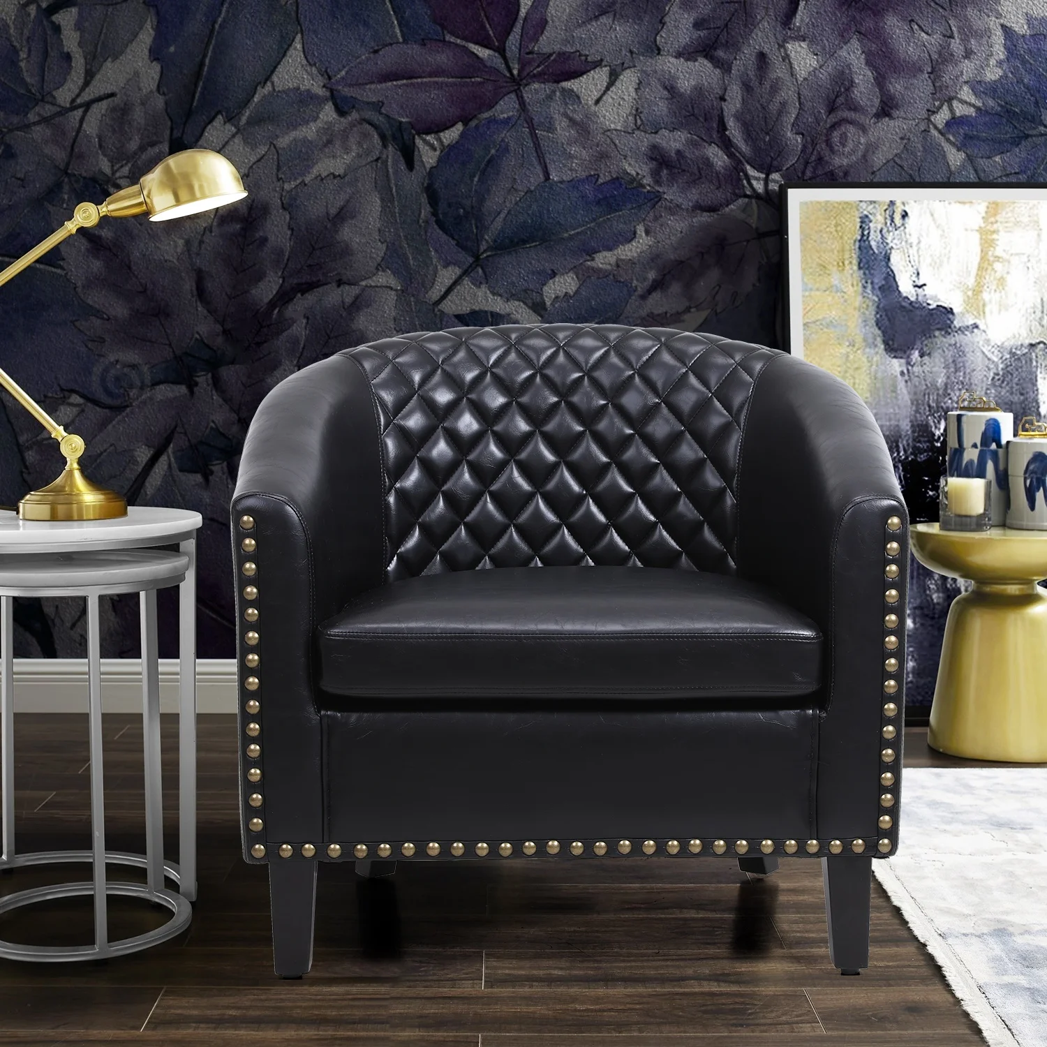 

accent Barrel chair living room chair with nailheads and solid wood legs Black pu leather