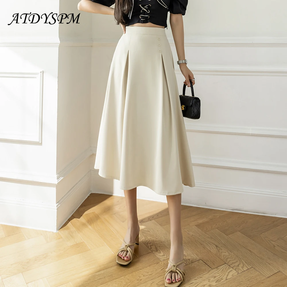 

Simple Fashion Korean Style Women Pleated Skirts Elastic High Waist Office Wear Wild A-Line Skirts Female Casual Loose Skirts