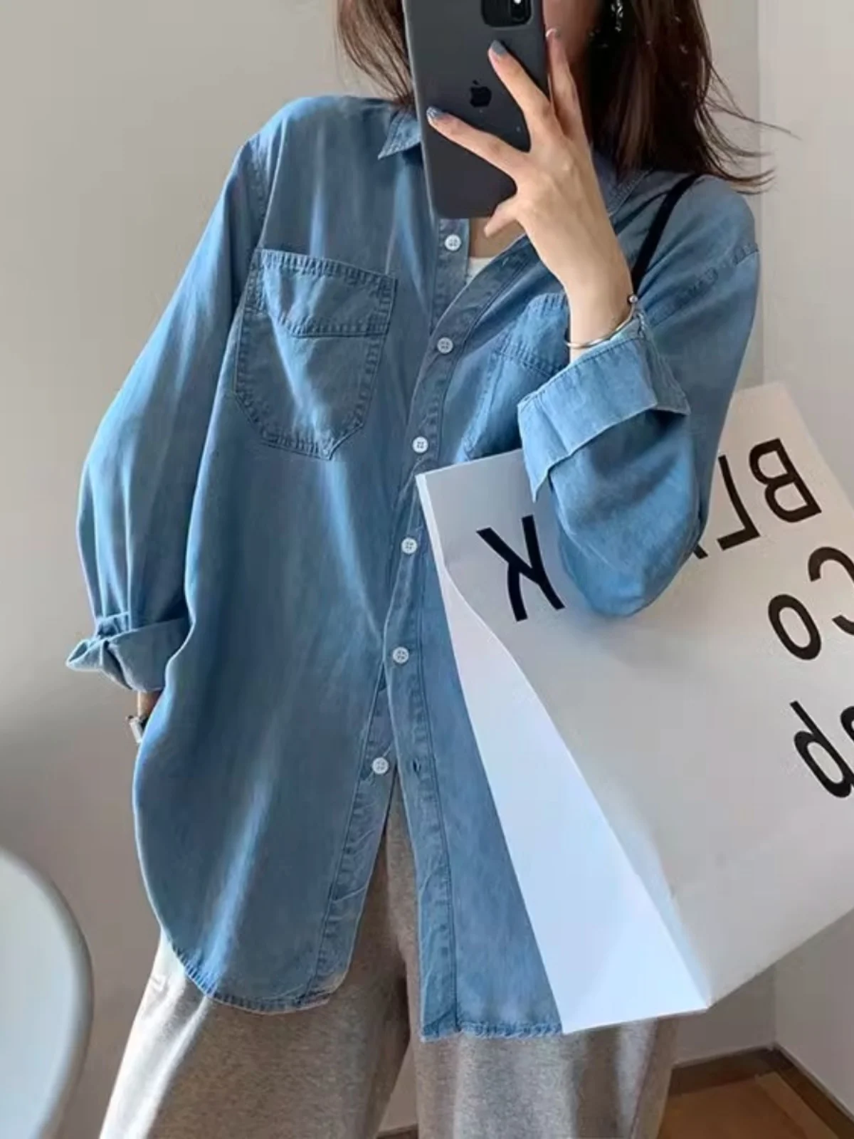 Design Sense Demin shirt Women Autumn and Winter Loose Stacked Inner wear Shirt Retro Hong Kong Flavor Slimming Soft Top Oute...