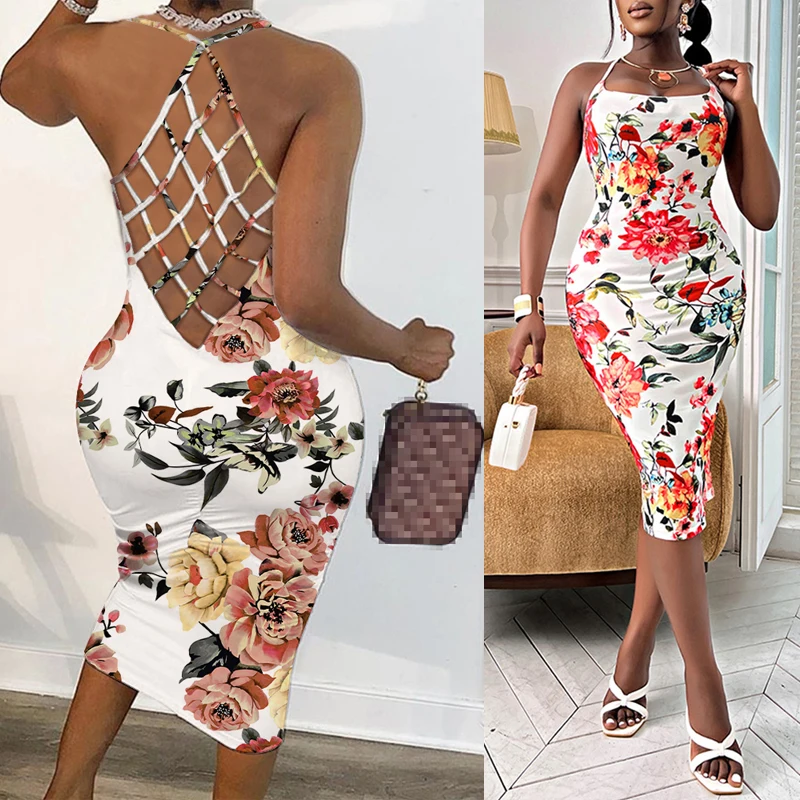 

Women Sexy Fishnet Backless Sleeveless Floral print Bodycon Midi Dress Vacation Beach Dress Summer Holiday Dress