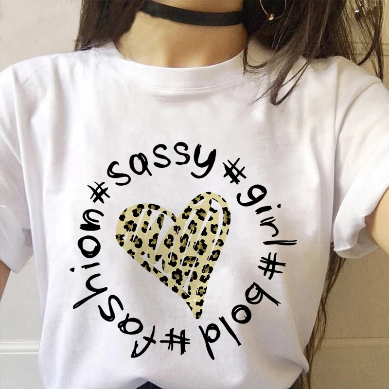 

Leopard Print Love Round Neck Fashion White Female Summer Top Ladies T Shirt Women T-shirt Harajuku Graphic Woman‘s’ Tee