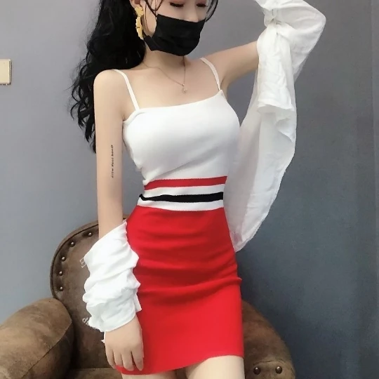 

2022 Red Tight Low-Neck Brace Sleeveless Knitting Knit Camisole Dresses Summer Dress Suspenders Women Lady Cloth Falda Vestido