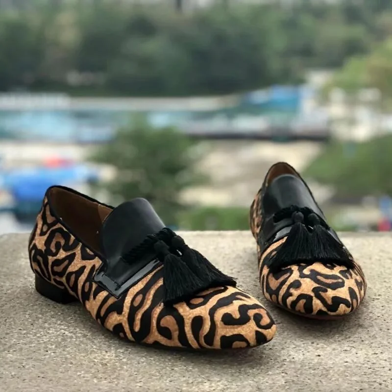 

LOUBUTEN Horsehair Leather Men Shoes Brand Fashion Leopard Print Loafers With Tassels Handmade Summer Men's Flats Casual Shoes