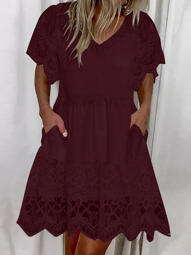 

Summer Lace Crochet Party Dress ZANZEA Elegant Women's V Neck Short Sleeve Sundress Stylish Holiday OL Midi Vestidos Robe Femme