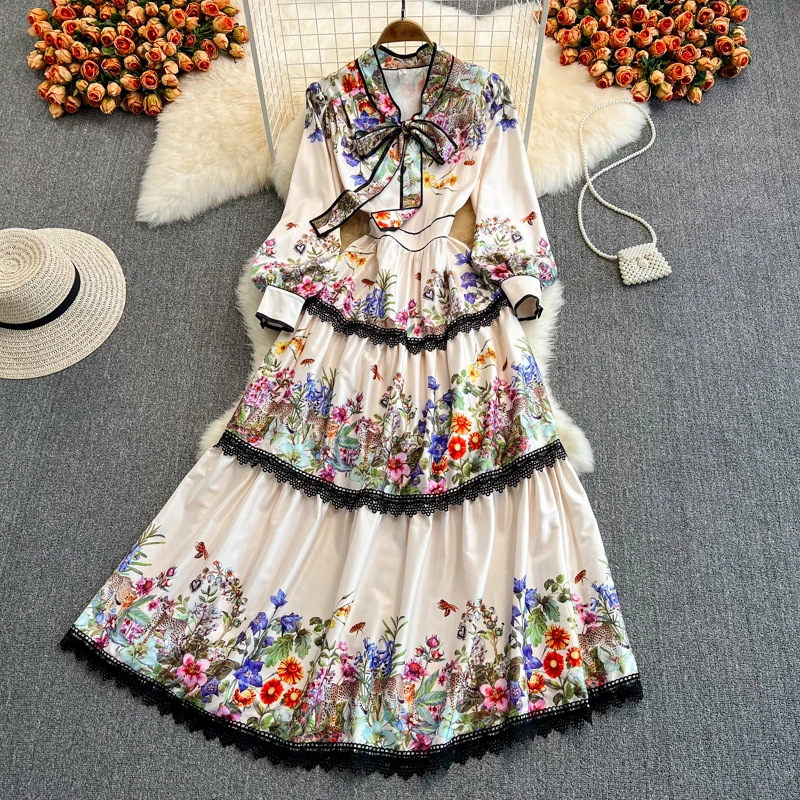 

2022 Spring and Autumn Retro Temperament Bow Tie Lace Print Lace Splicing Cake Dress High-end Light Luxury Large Swing Dress