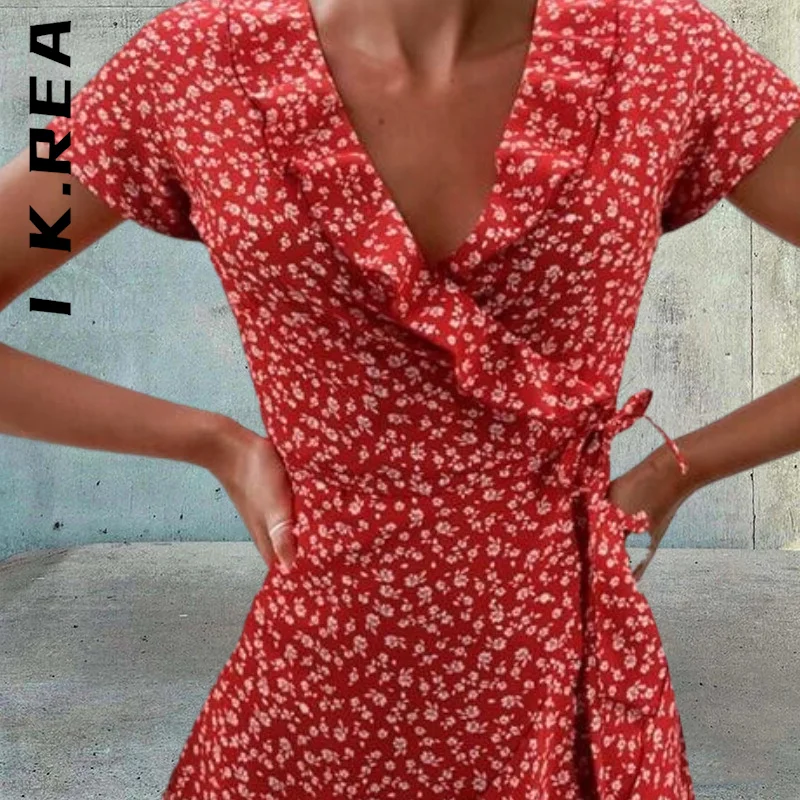 

I K.Rea Women Dress Fashion Floral Ruffles V-neck Bandage Short Dress Simple Basic Dresses Elastic Female Clothing Vestidos