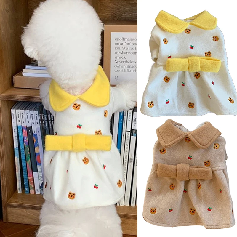 

Winter Puppy Bear Print Bow Sweater Cat Princess Dress For Small Medium Dog Clothes Fleece Vest Chihuahua Yorkshire Bichon Teddy