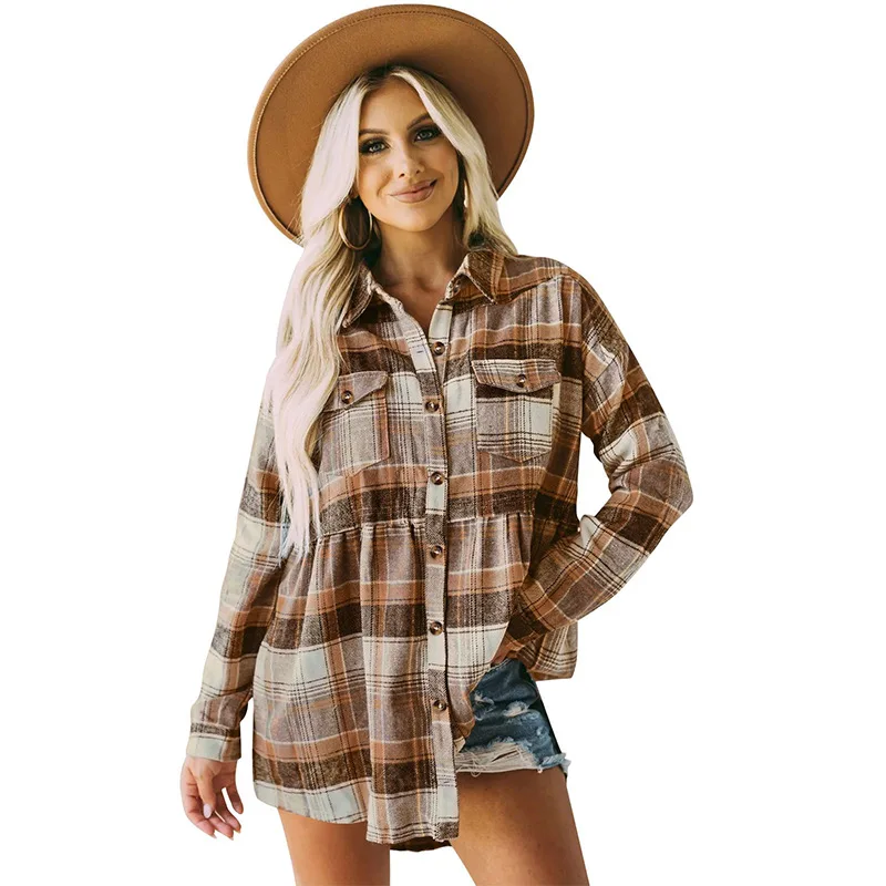 

Oversized Women's Shirts Casual Loose Tops Autumn Winter Clothing Lapel Long Sleeve Pocket Plaid Shirt Vintage Blouse Blusas