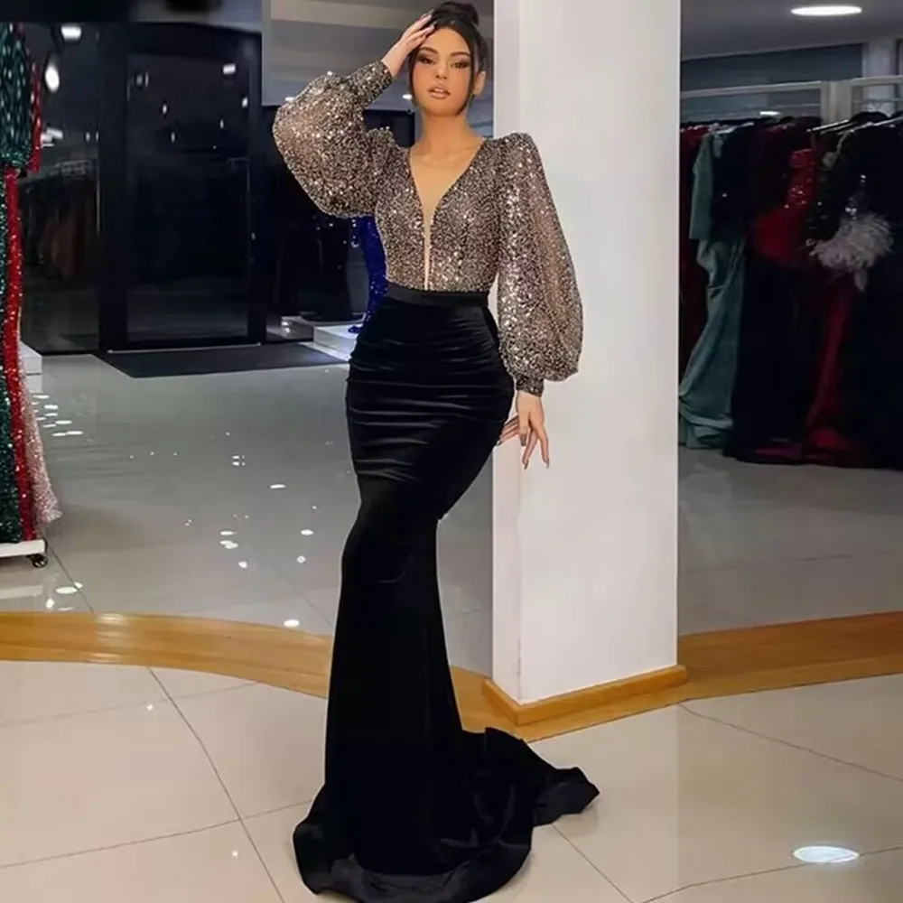 

2022 Velvet Formal Evening Dress with Gliiter Long Puffy Sleeves Black Prom Gown Women Celebrity Party Dress robe de soirée