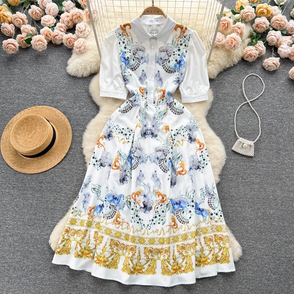 New Fashion Retro Lapel Short Bubble Sleeved Printed Shirt Dress Women's Summer Slim Fit Party Elegant Clothes Vestidos K370