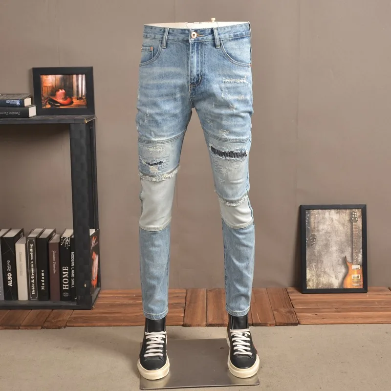 Summer Ripped Jeans Men Streetwear Casual Light Blue Patchwork Patches Pants Korean Style Fashion Slim Fit Denim Trousers