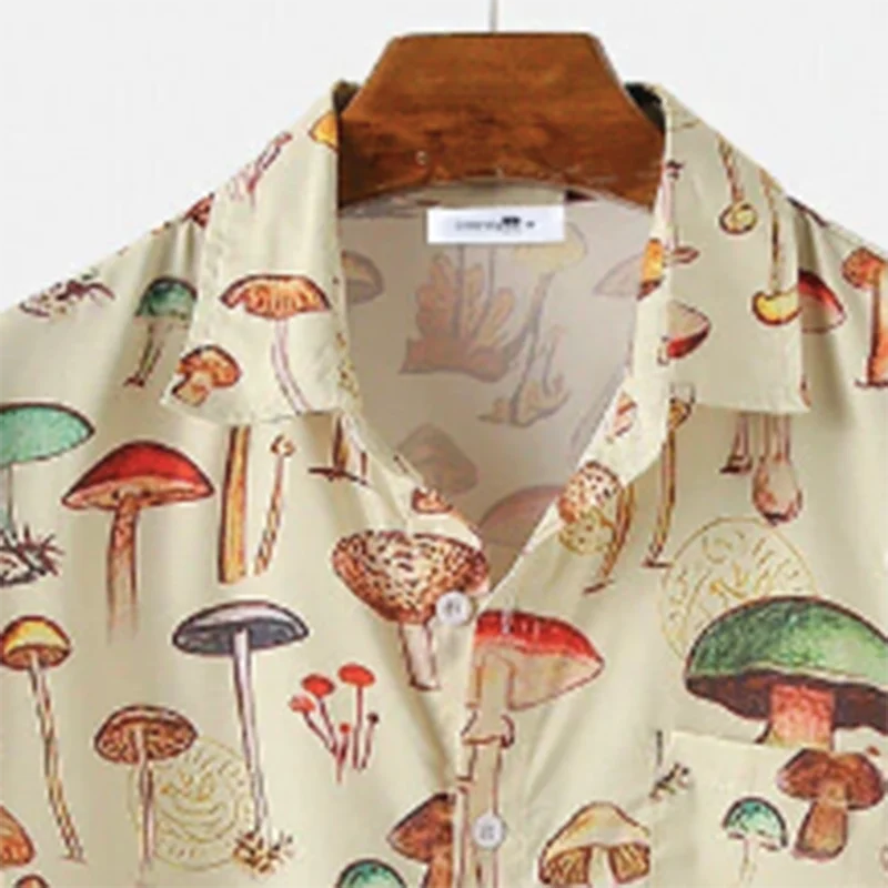 New Men's Hawaiian Shirts Full Print Mushroom Cartoon T-Shirt Short Sleeve Lapel Button Up Casual Shirts