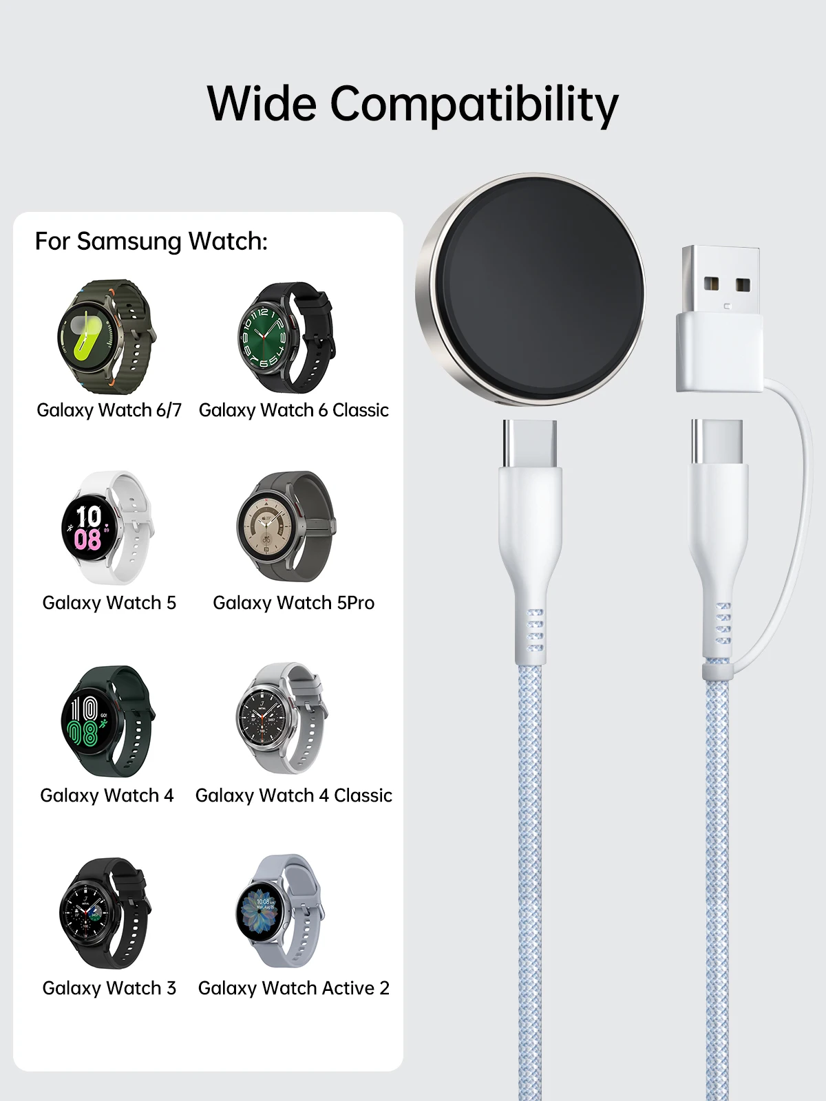 Кабель зарядного устройства типа C для Samsung Galaxy Watch 7Ultra6 Classic5 Pro4iPhone 16, магнитная док-станция, нейлоновый плетеный шнур, зарядное устройство (art.: 3920cfa47edda) - 3920cfa47edda