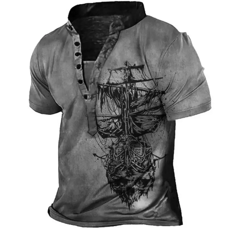 Summer Men's Casual Muscle Six Grain Guckle Short Sleeves Crewneck Anchor Graphic 3D Printed Cool Tops Fashion Retro Streetwear