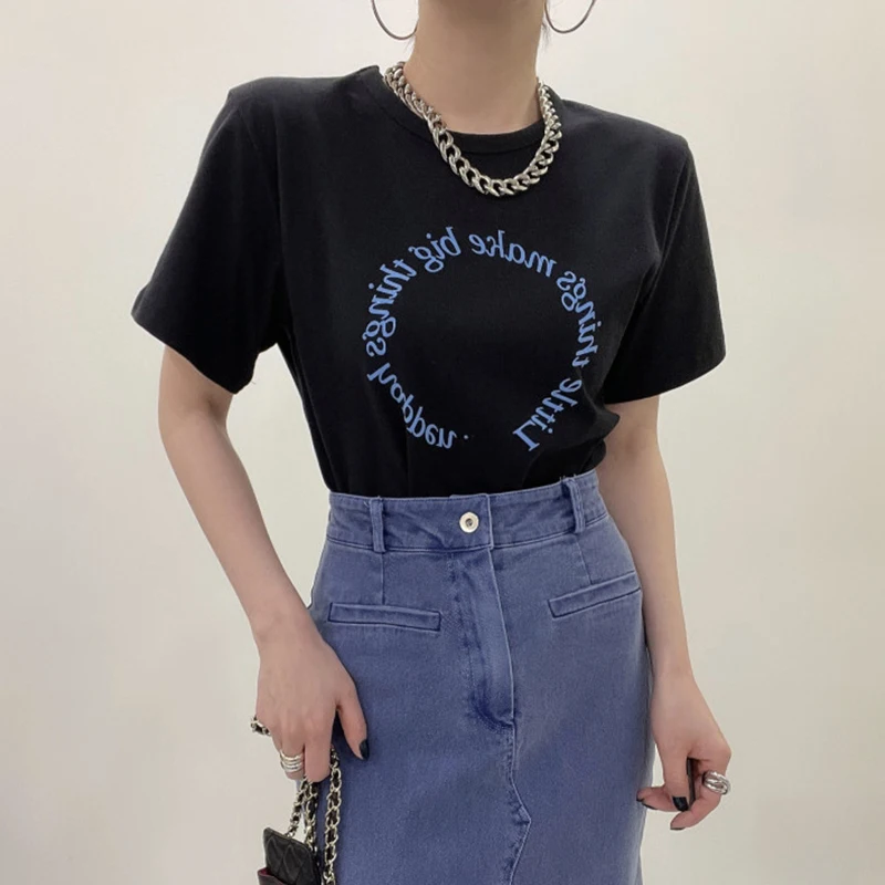 Черные футболки с буквенным принтом, базовые белые рубашки с коротким рукавом, летние женские свободные топы с круглым вырезом, футболки для девочек, повседневные корейские футболки в стиле Харадзюку N080