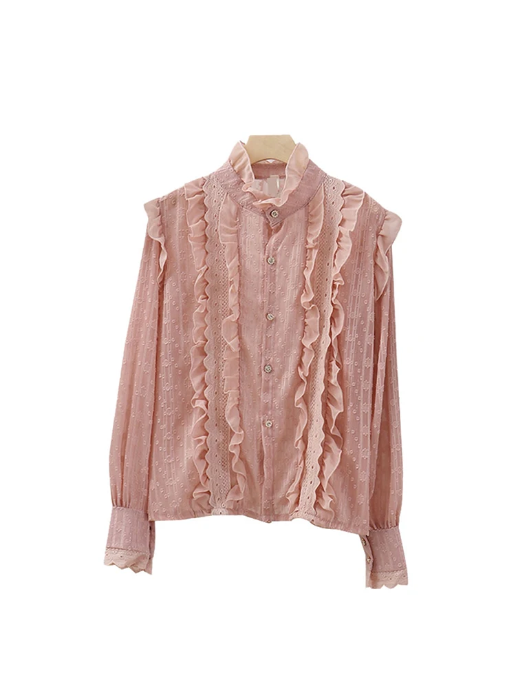 Женская кружевная рубашка в стиле Харадзюку розовая Элегантная блузка с длинным