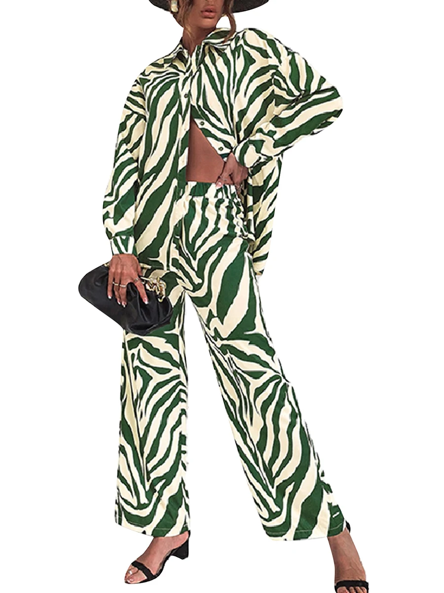 

Women s Spring Autumn Outfit Sets Long Sleeve Lapel Stripe Diamond Print Shirt High Waist Wide Leg Pants