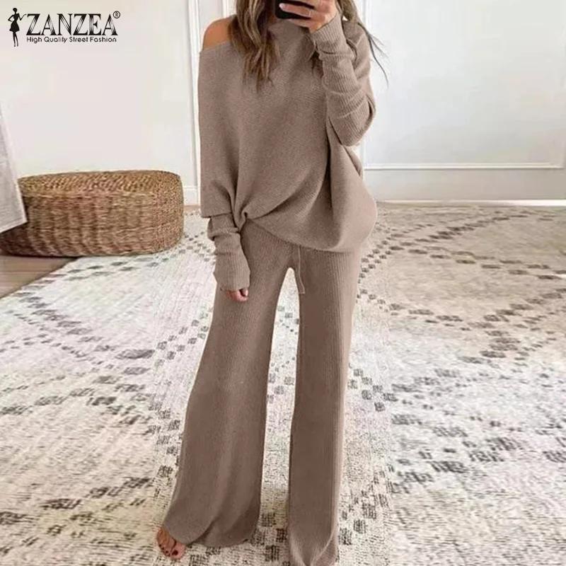 

ZANZEA Loose Holiday Pant Sets Oversized Solid Matching Sets Women Vintage Long Puff Sleeve Top Elastic Waist Pant Office Suits