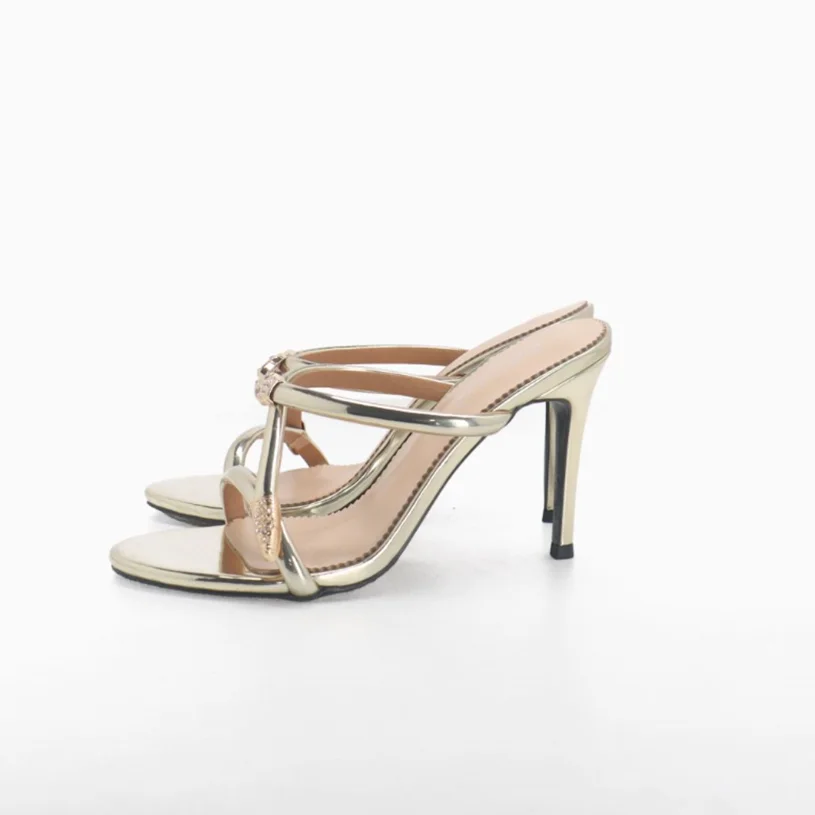 Round Toe Metallic Crystal Slippers Slip on Shallow High Heels Summer Outfit Party Sandals Women Elegant Shoes Zapatillas Mujer