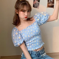 casual mesh splicing off shoulder crop tops sweet fairy floral chiffon tshirt 2021 temperament short puff sleeve ruched t shirts