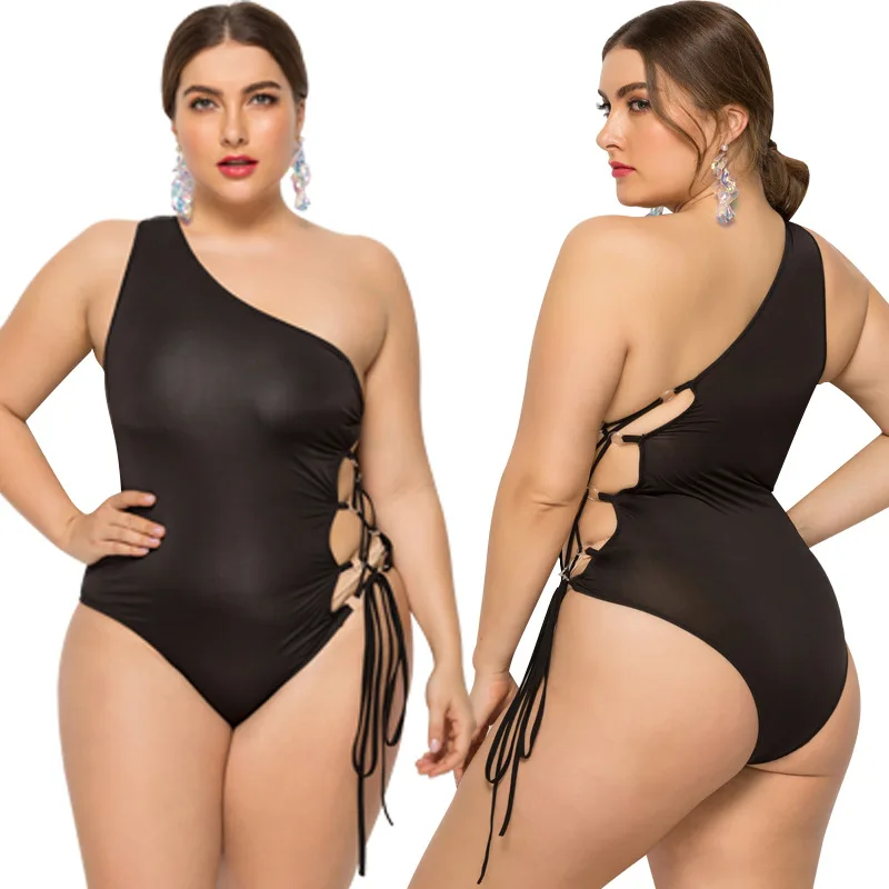 

LIZHILIZHI Sloping Shoulder Fat Swimwear Plus Size One Piece Bikini Beachwear Vacation Beach
