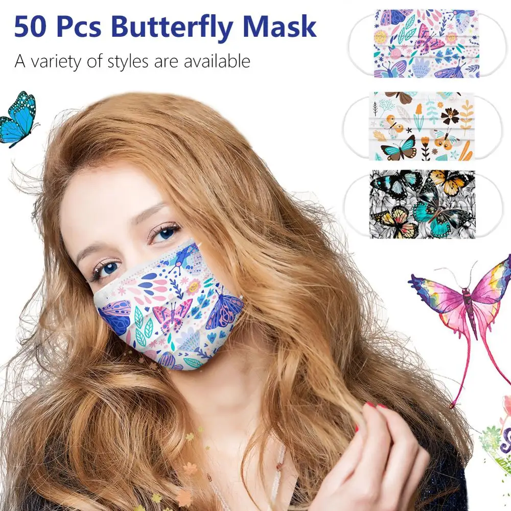 

Маска для лица для взрослых, 50 шт./лот, модная одноразовая маска с принтом бабочек, пылезащитная ветрозащитная дышащая маска для лица