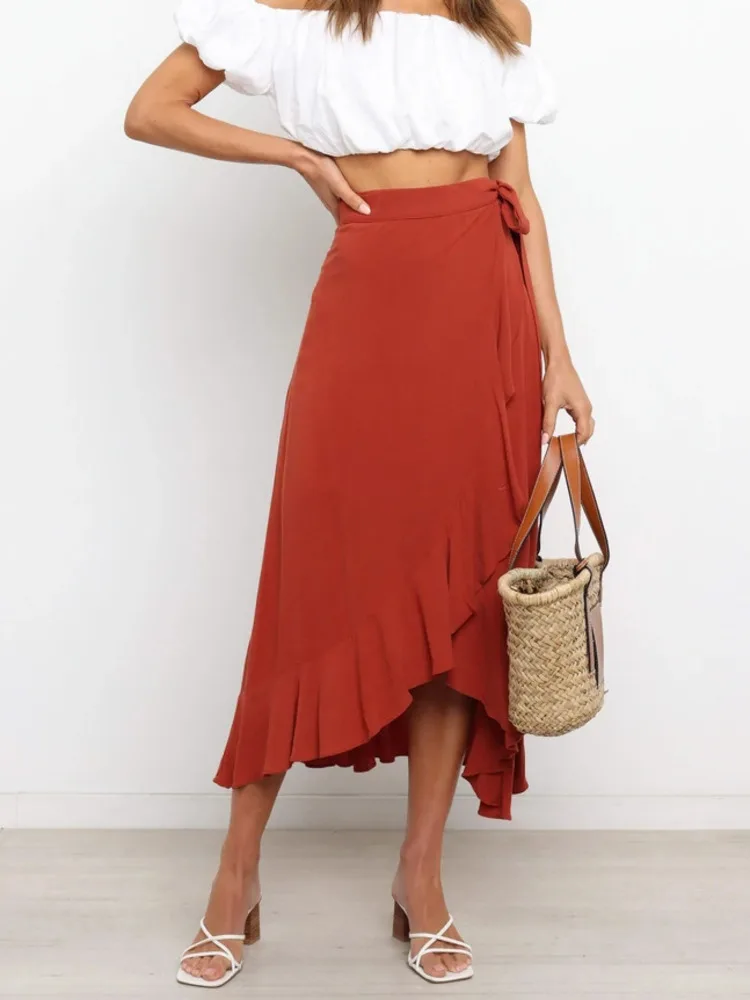 

Summer Long Skirts For Women 2022 Fashion Lace Up Irregular Solid Color High Waist Bodycon Black Skirt Female Pink Chiffon Skirt