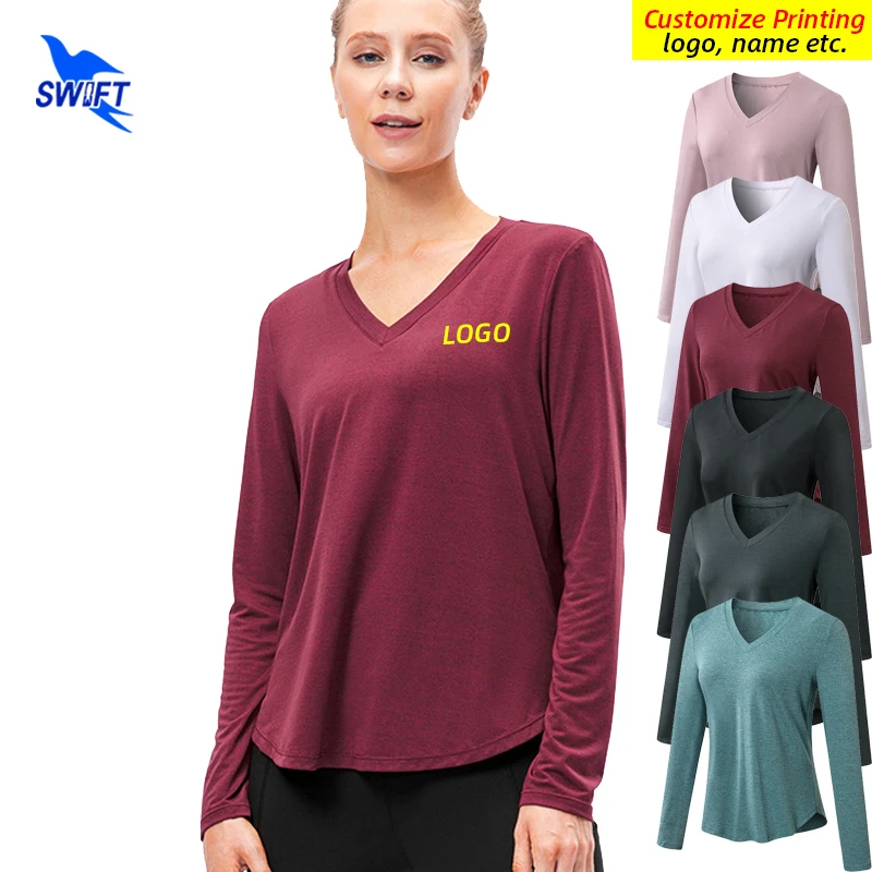

Autumn Sports Shirts Women Long Sleeve V Neck Loose Running T-Shirt Quick Dry Solid Yoga Fitness Gym Casual Tops Tees Customize