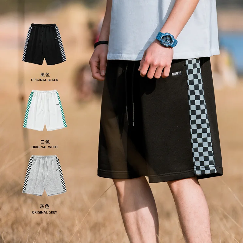 Men's Checkerboard Spliced Capris Summer New Loose Trendy Sports Casual Shorts