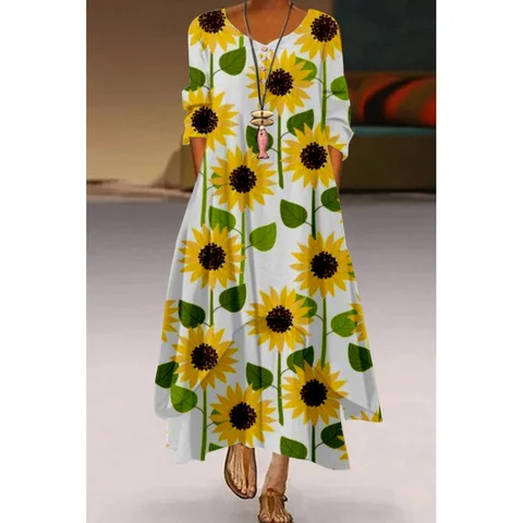 Women Party Long Dresses Autumn Long Sleeve Fashion Loose 2022 Holiday Clothing Hem Print V-neck Women's Beachwear