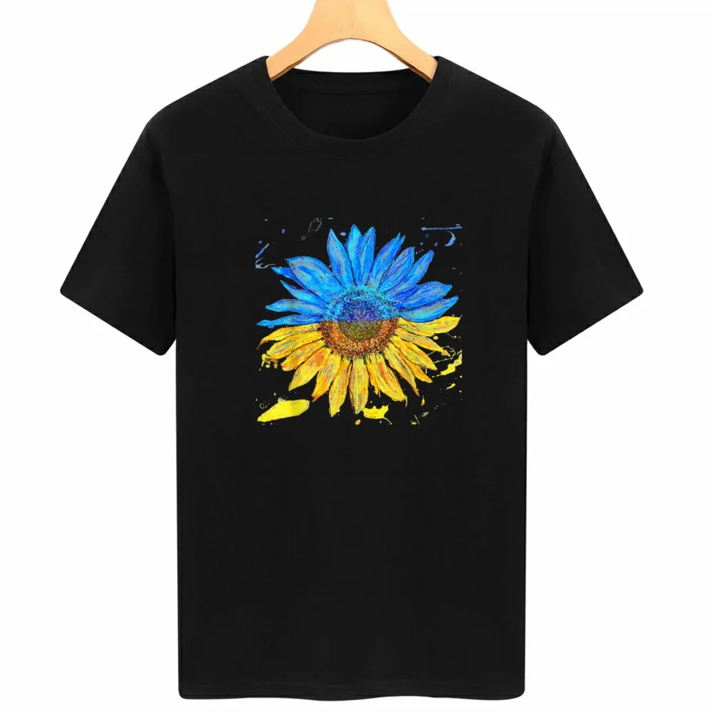 

2023 Summer New Watercolor Sunflower Ukraine Print Short Sleeve T Shirt Women Cotton Top Loose for Girls Lady Black White Pink