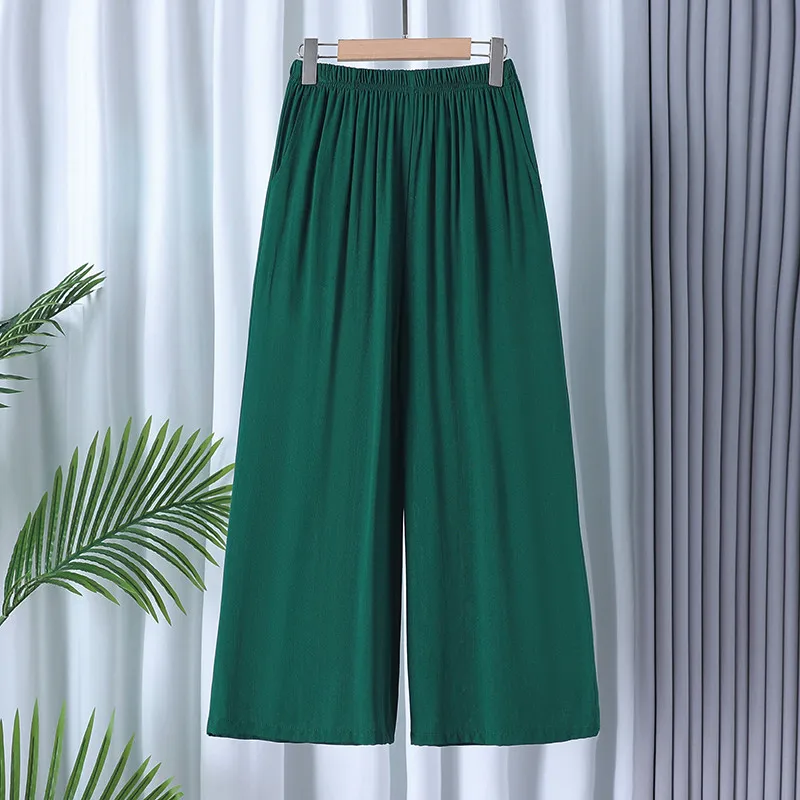 Women Casual Solid Color Elastic Waist Trousers Summer Cotton Linen Wide Leg Loose Pants Woman Ankle-Length Pants