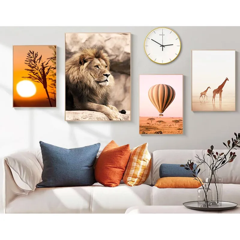 

Natural Scenery Canvas Painting Lion Giraffe Elephant Animal Poster Print Sunrise Wheat Tree Wall Art Pictures Living Room Decor