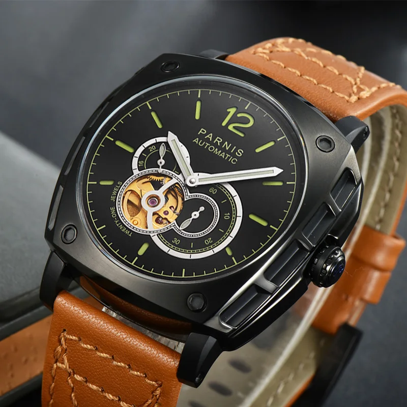 Модные автоматические механические мужские часы Parnis с черным циферблатом 44 мм