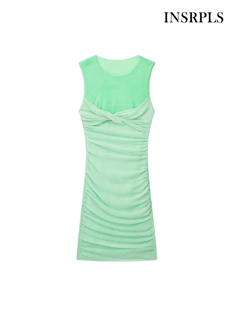 

INSRPLS Women Fashion Printed Draped Tulle Mini Dress Vintage O Neck Side Zipper Female Dresses Vestidos Mujer