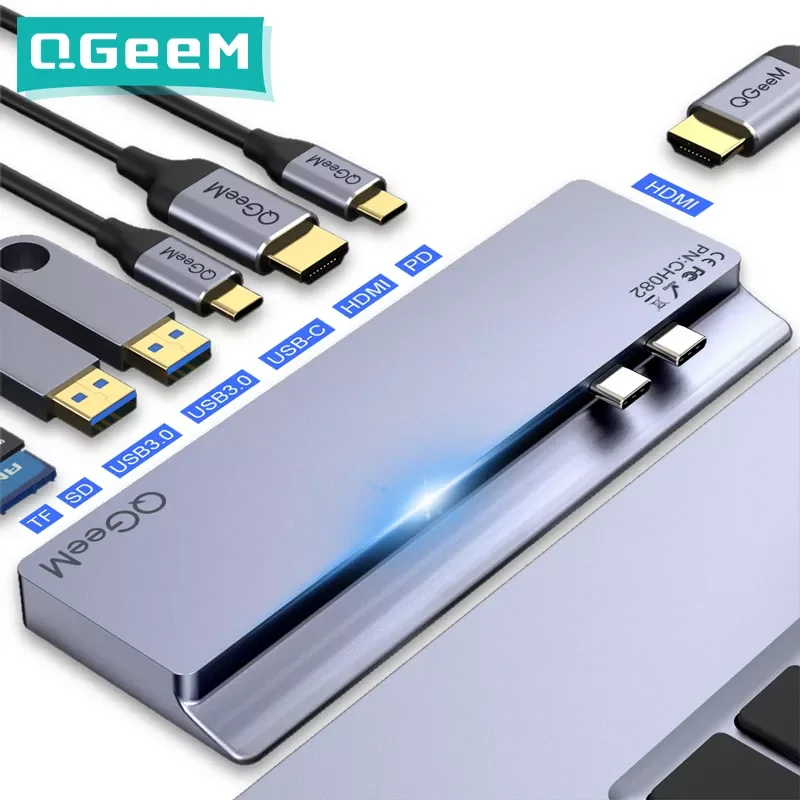 

QGeeM USB C Hub Dock for Macbook Pro SD TF Card Readers Dual HDMI PD Multi USB Hub Type C Adapter Splitter Type-C Hub for Laptop