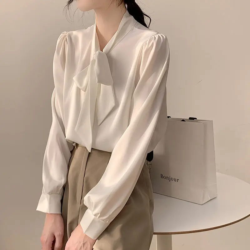 

Summer Elegant Lacing Solid Color Chiffon Scarf Collar Long Sleeve Blouse Women Clothing All-match Bow Single Breasted Shirts