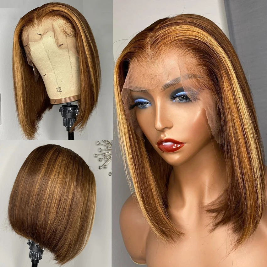 Blunt Bob Long European Virgin Human Hair Highlight Blond Straight Lace Front Wig Highlight  Jewish Wig Kosher Women