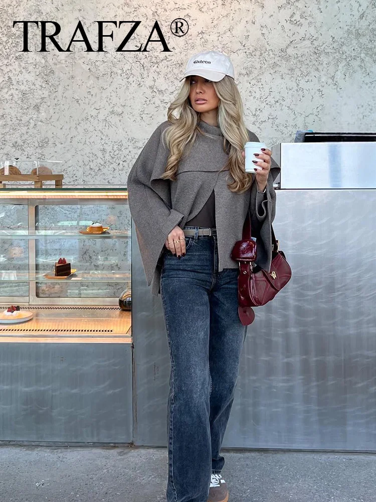 TRAFZA 2024 женские повседневные асимметричные пальто однотонное вязаное с круглым