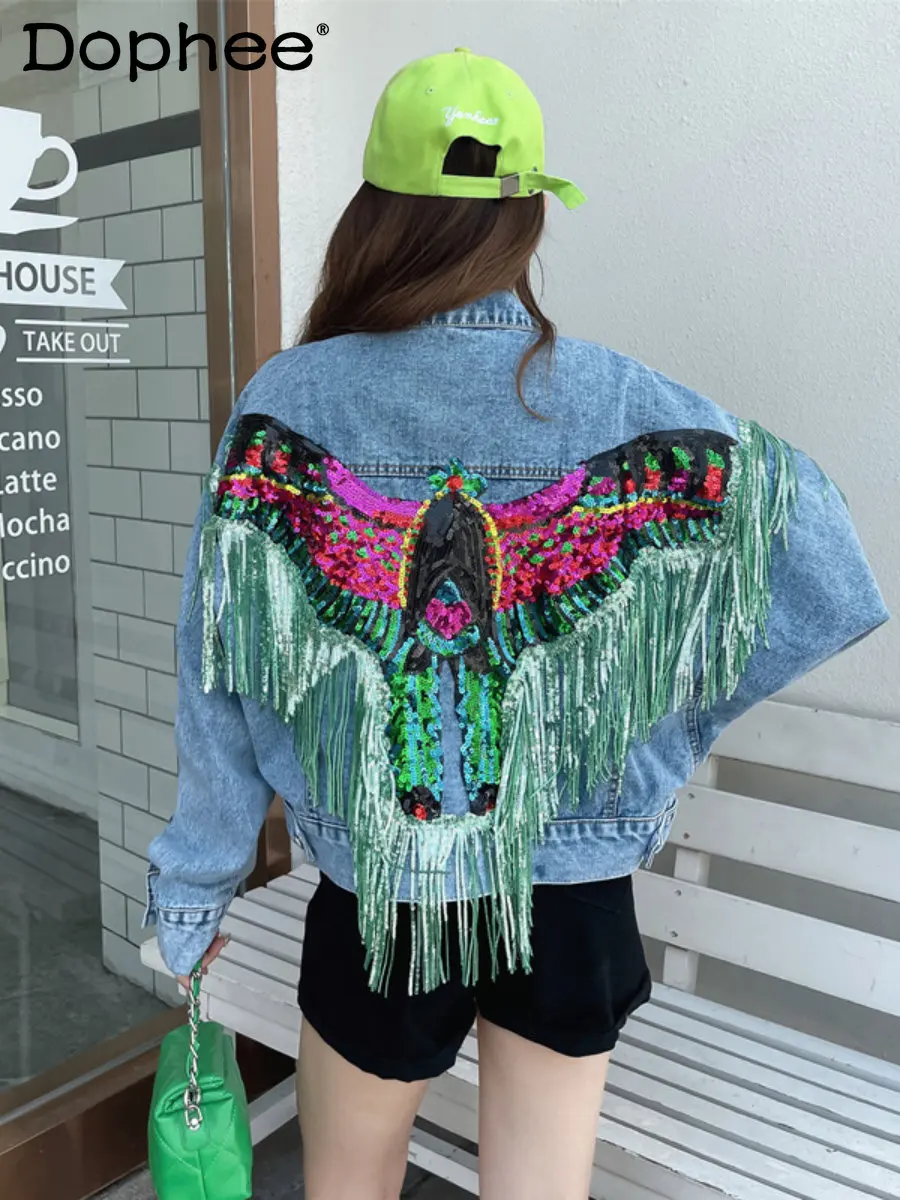 Heavy Embroidery Sequins Tassel Cartoon Eagle Short Denim Jacket Loose Casual Jean Coats 2022 New Spring Autumn Women Clothing