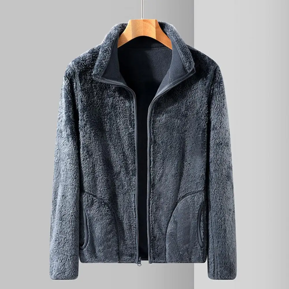 

Men Autumn Winter Jacket Coat Cozy Men's Winter Fleece Jacket with Stand Collar Long Sleeves Pockets Stylish Warm for Autumn