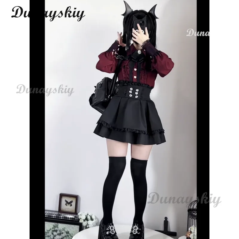 Фото Jirai kei Outfit Lolita Girls Blouse Top Женская рубашка с длинным рукавом Kawii Bow Черные юбки Рубашки Y2K Sweet Japanese Lady Style Set №3