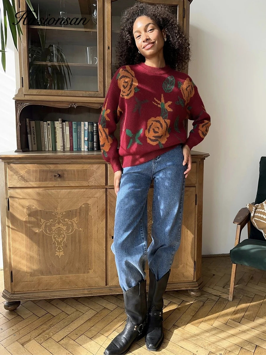 Зимний женский свитер Hirsionsan 2024 базовые вязаные пуловеры оверсайз с цветочным